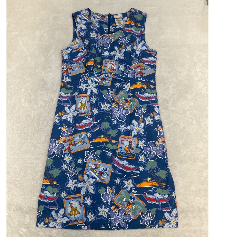 Disney Shift Dress M Tropical Hula Hawaiian Tiki Postcard Cruise Mickey Minnie
